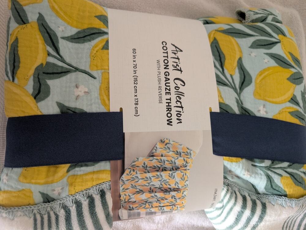 Artist Collection Cotton Gauze Throw W/ Plush Reverse 60" X 70" Lemon NWT